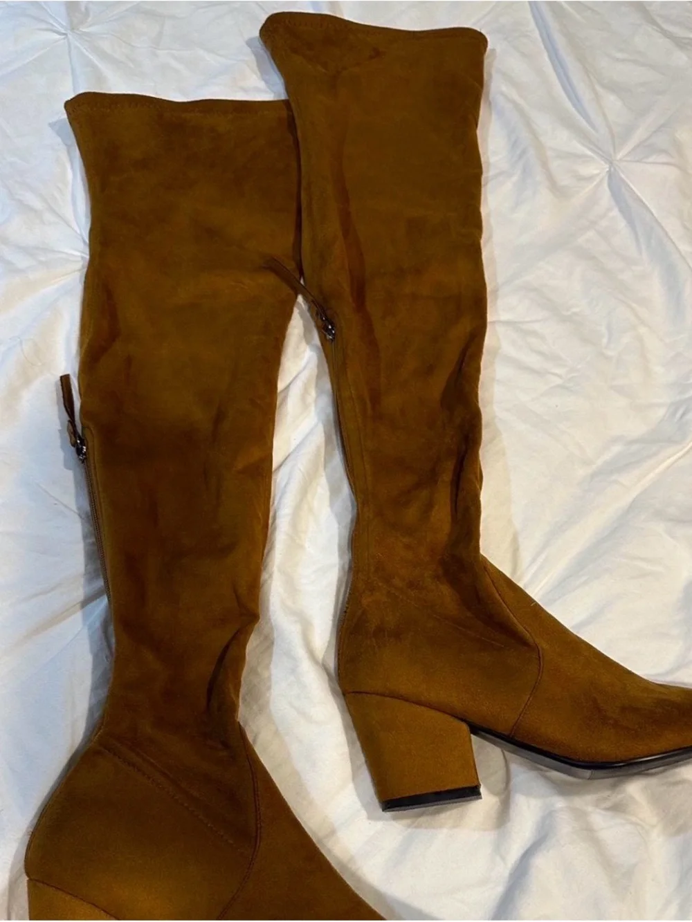 Over-the-Knee Pointed Toe Suede Boots in Cognac, size 8